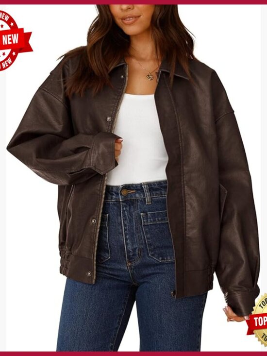 Jackets & Blazers - Faux Leather Motorcycle Jacket Oversized Zip Up Winter Coat Women's Outerwear